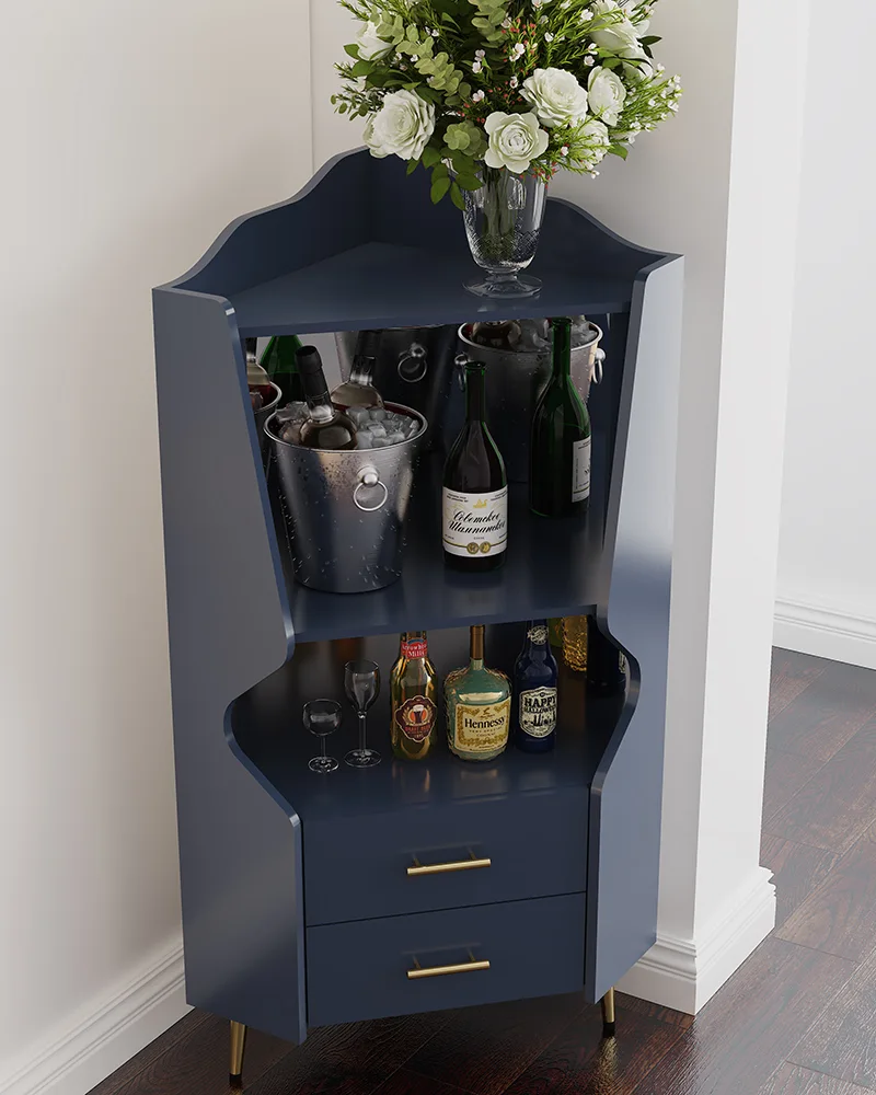 Mirrored Back Wooden Corner Bar Cabinet With Storage Shelves - Image 3