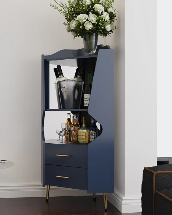Mirrored Back Wooden Corner Bar Cabinet With Storage Shelves