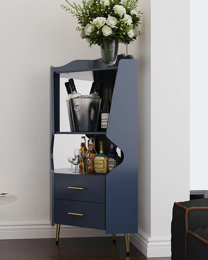Mirrored Back Wooden Corner Bar Cabinet With Storage Shelves
