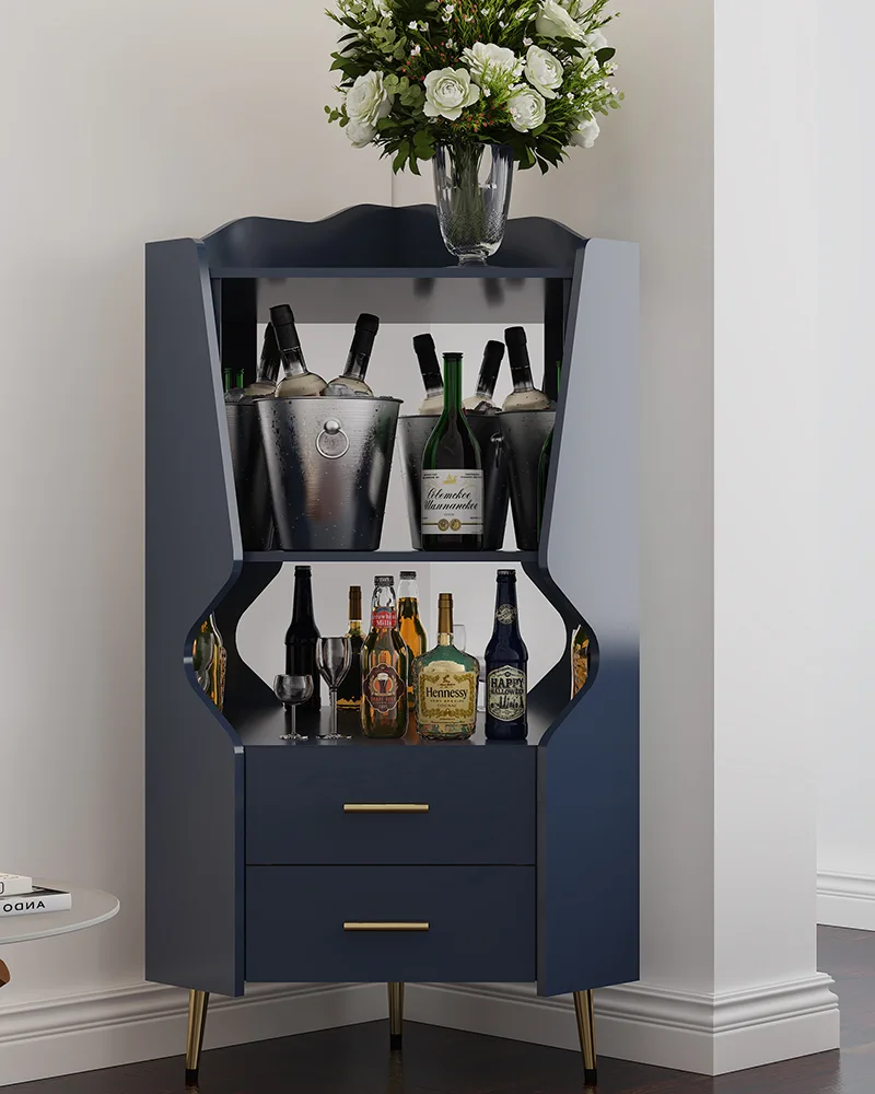 Mirrored Back Wooden Corner Bar Cabinet With Storage Shelves - Image 2