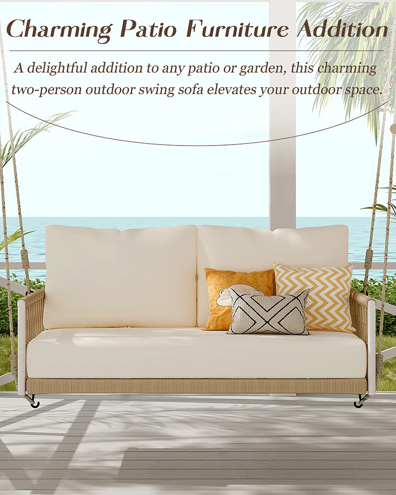 2 Seat Woven Rope Outdoor Porch Swing Sofa with Cushions for Patio - Image 3