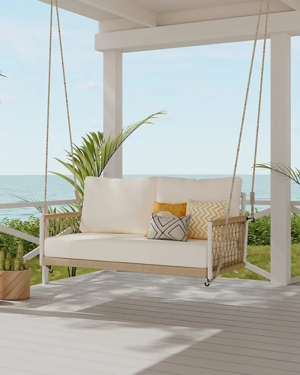 2 Seat Woven Rope Outdoor Porch Swing Sofa with Cushions for Patio