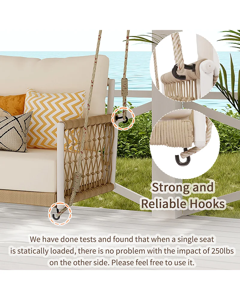 2 Seat Woven Rope Outdoor Porch Swing Sofa with Cushions for Patio - Image 4