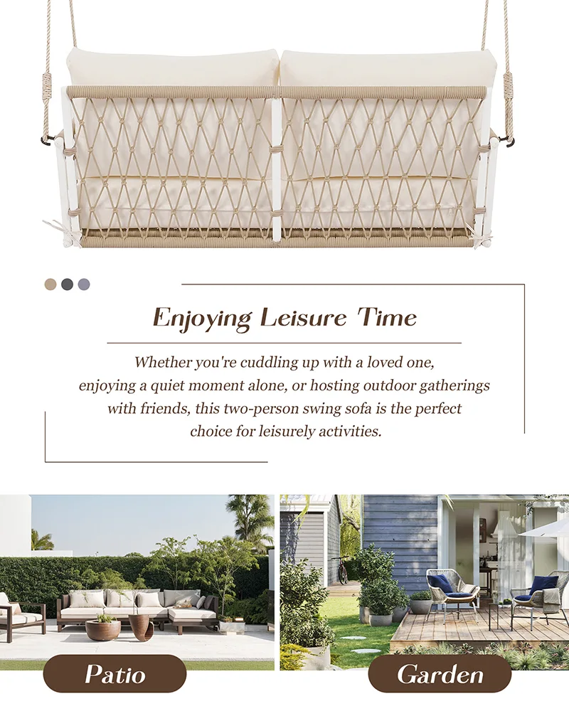 2 Seat Woven Rope Outdoor Porch Swing Sofa with Cushions for Patio - Image 5