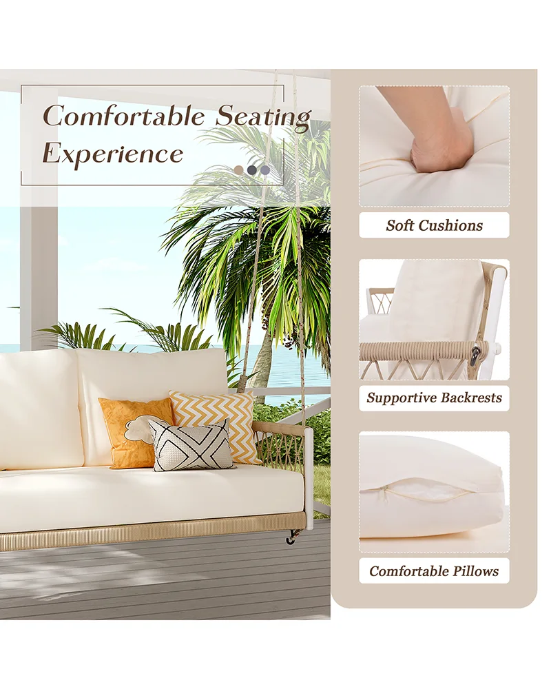 2 Seat Woven Rope Outdoor Porch Swing Sofa with Cushions for Patio - Image 6