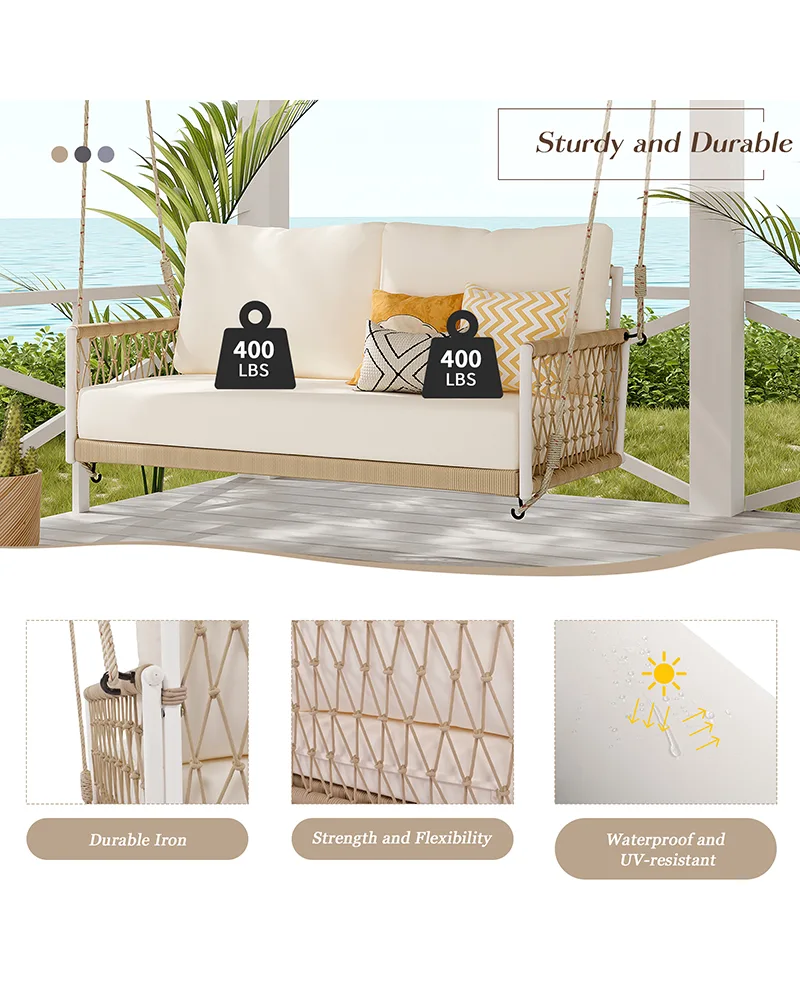 2 Seat Woven Rope Outdoor Porch Swing Sofa with Cushions for Patio - Image 7