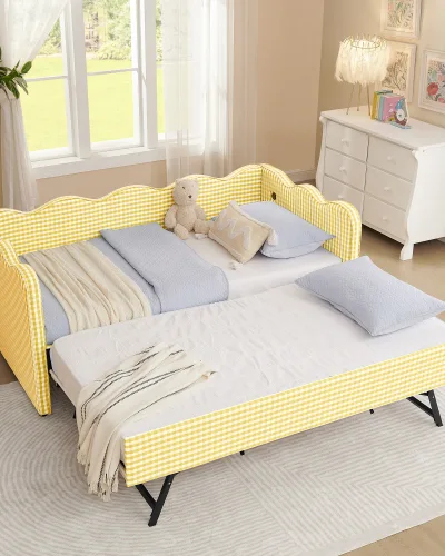 Upholstered Linen Sofa Bed Gingham Daybed with Trundle - Image 8