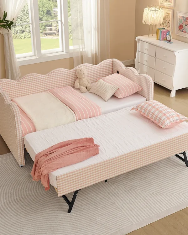 Upholstered Linen Sofa Bed Gingham Daybed with Trundle