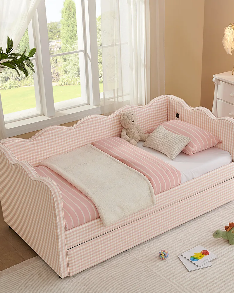 Upholstered Linen Sofa Bed Gingham Daybed with Trundle - Image 10