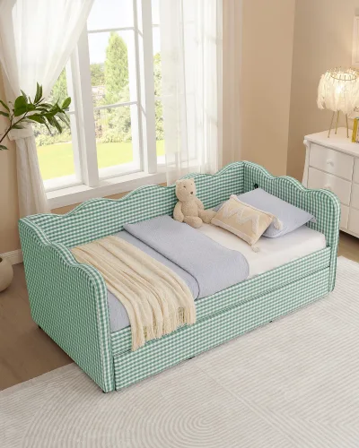 Alternative view of Upholstered Linen Sofa Bed Gingham Daybed with Trundle