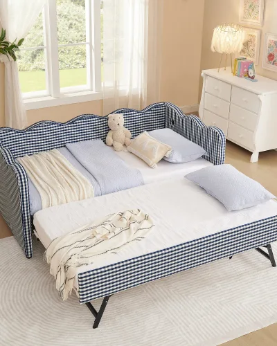 Upholstered Linen Sofa Bed Gingham Daybed with Trundle - Image 3