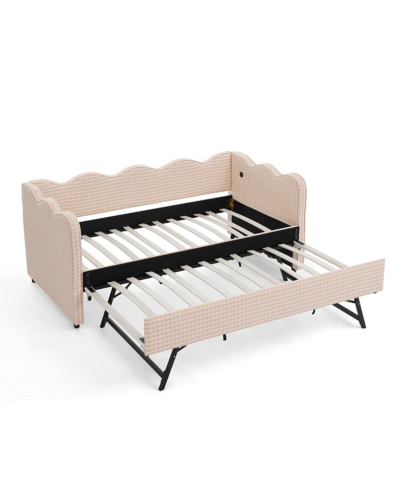 Upholstered Linen Sofa Bed Gingham Daybed with Trundle - Image 4