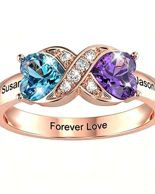 Personalized Two Heart Birthstone Ring in 925 Sterling Silver