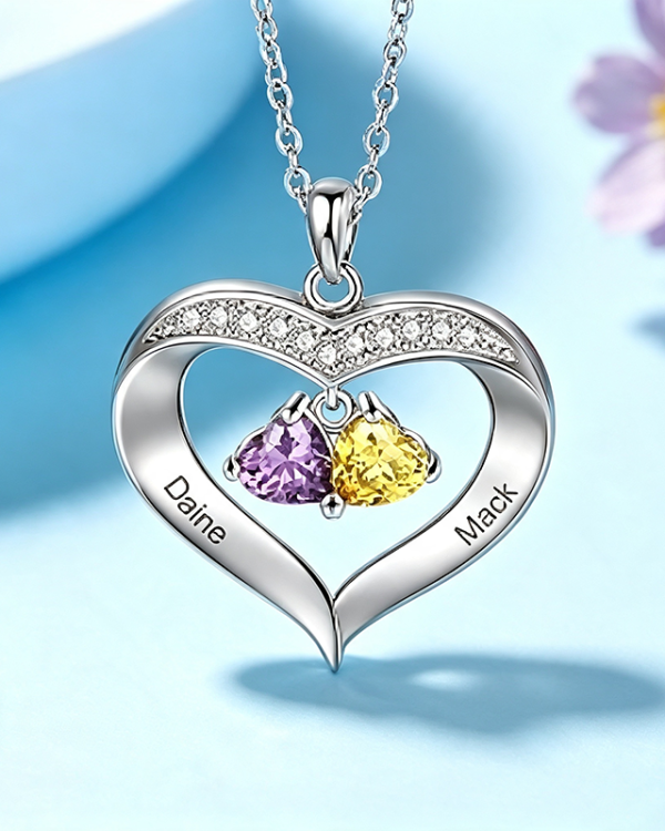 925 Sterling Silver Custom Name Heart Birthstones Necklace Gift