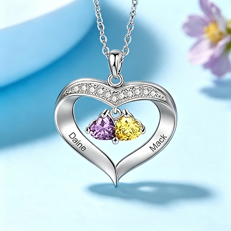 925 Sterling Silver Custom Name Heart Birthstones Necklace Gift