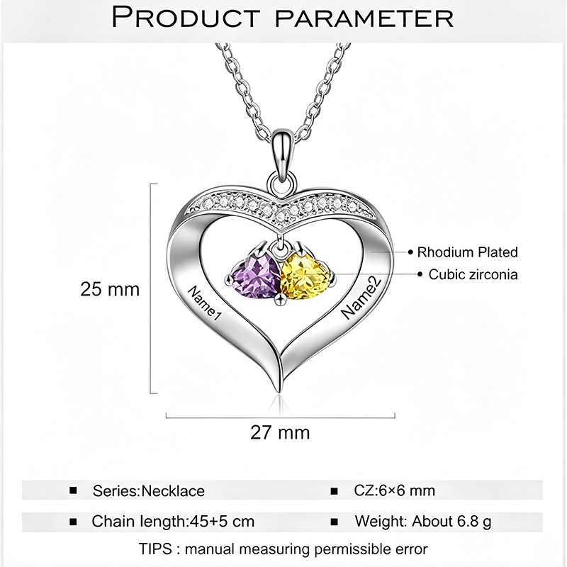 925 Sterling Silver Custom Name Heart Birthstones Necklace Gift - Image 5