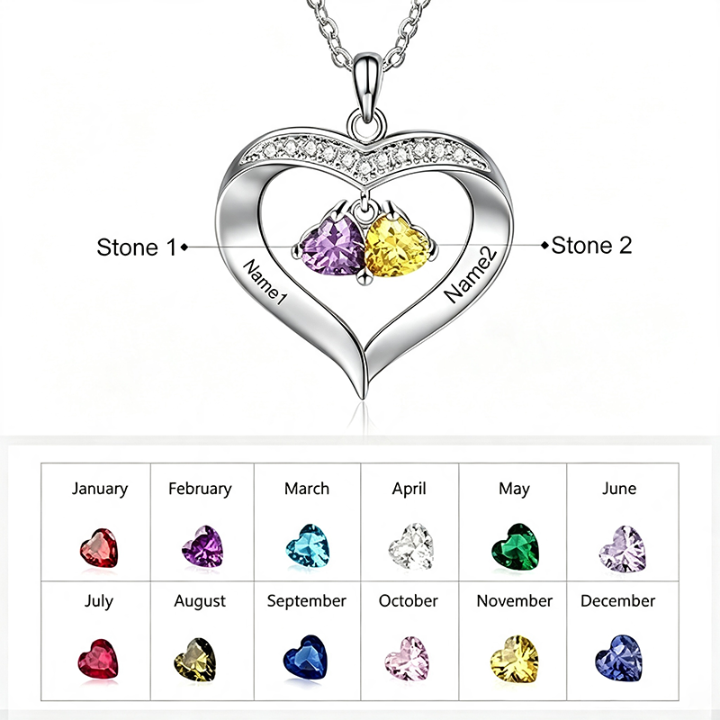 925 Sterling Silver Custom Name Heart Birthstones Necklace Gift - Image 4