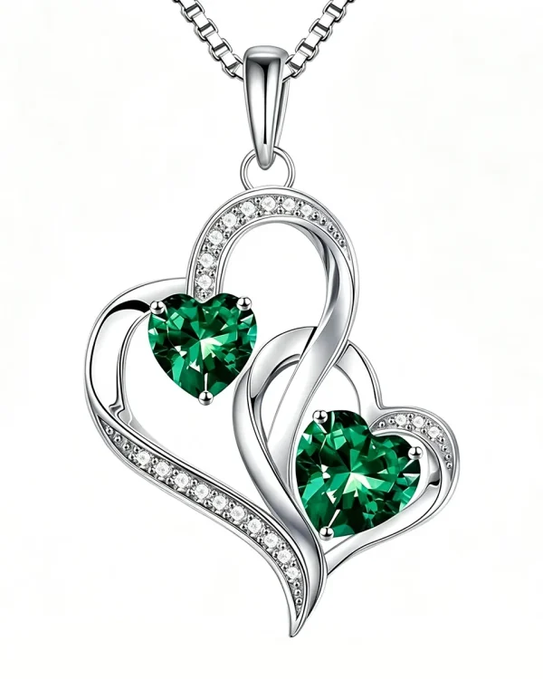 Double Heart Birthstone Pendant Necklace 925 Sterling Silver