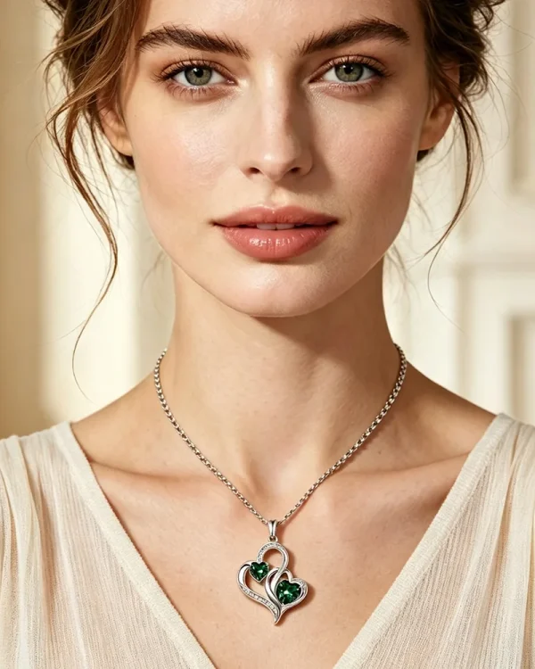 Alternative view of Double Heart Birthstone Pendant Necklace 925 Sterling Silver