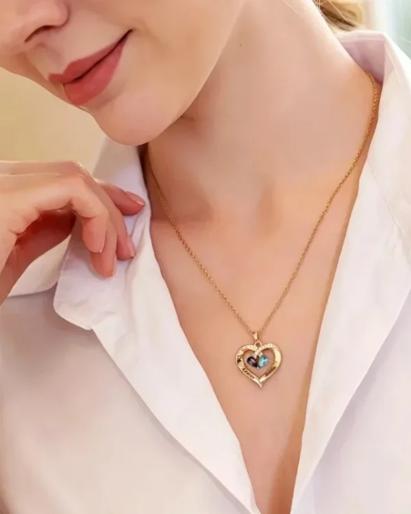 Alternative view of Engraved Name Birthstone Necklace Hollow Heart Pendant