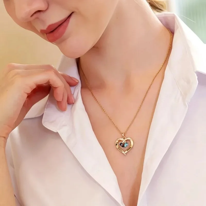 Engraved Name Birthstone Necklace Hollow Heart Pendant - Image 2