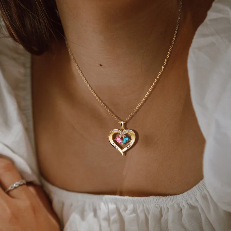 Engraved Name Birthstone Necklace Hollow Heart Pendant - Image 3