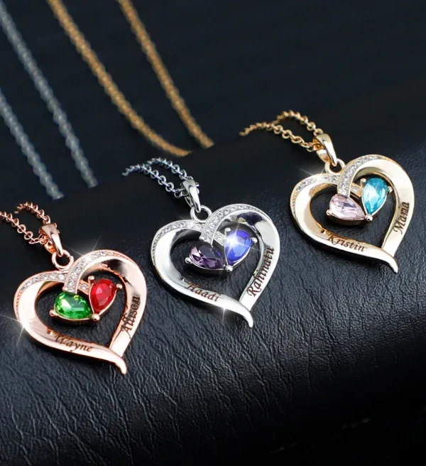 Engraved Name Birthstone Necklace Hollow Heart Pendant