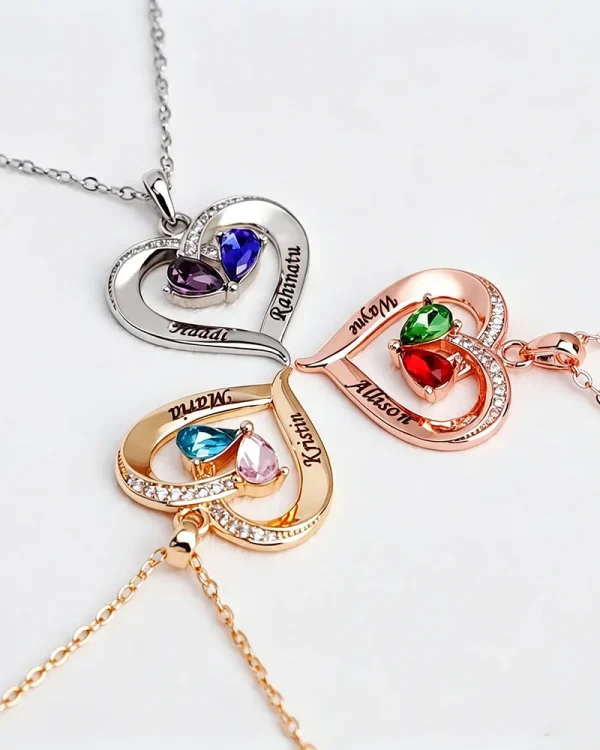 Engraved Name Birthstone Necklace Hollow Heart Pendant