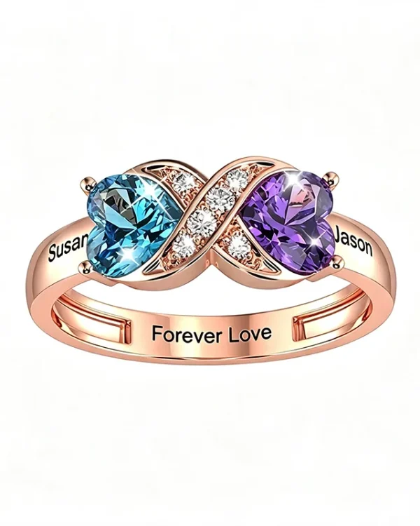 Personalized Two Heart Birthstone Ring in 925 Sterling Silver