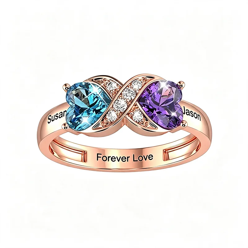 Personalized Two Heart Birthstone Ring in 925 Sterling Silver