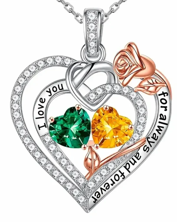 Custom Rose Double Birthstone Heart Necklace 925 Sterling Silver