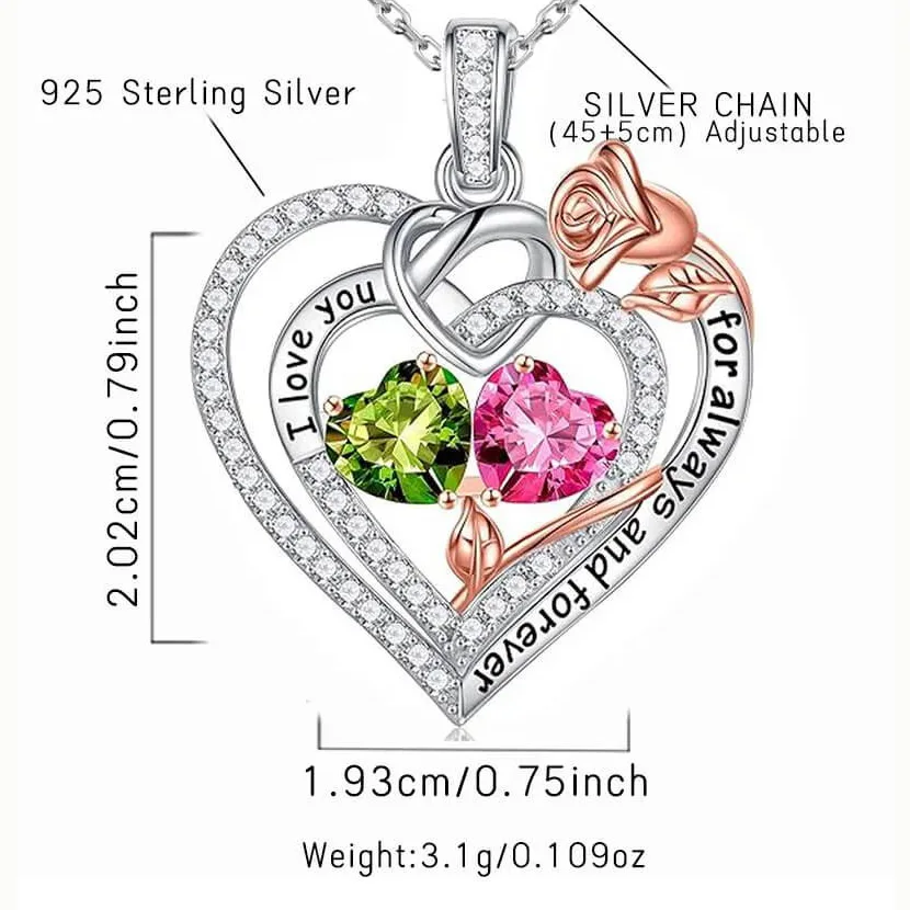 Custom Rose Double Birthstone Heart Necklace 925 Sterling Silver - Image 3