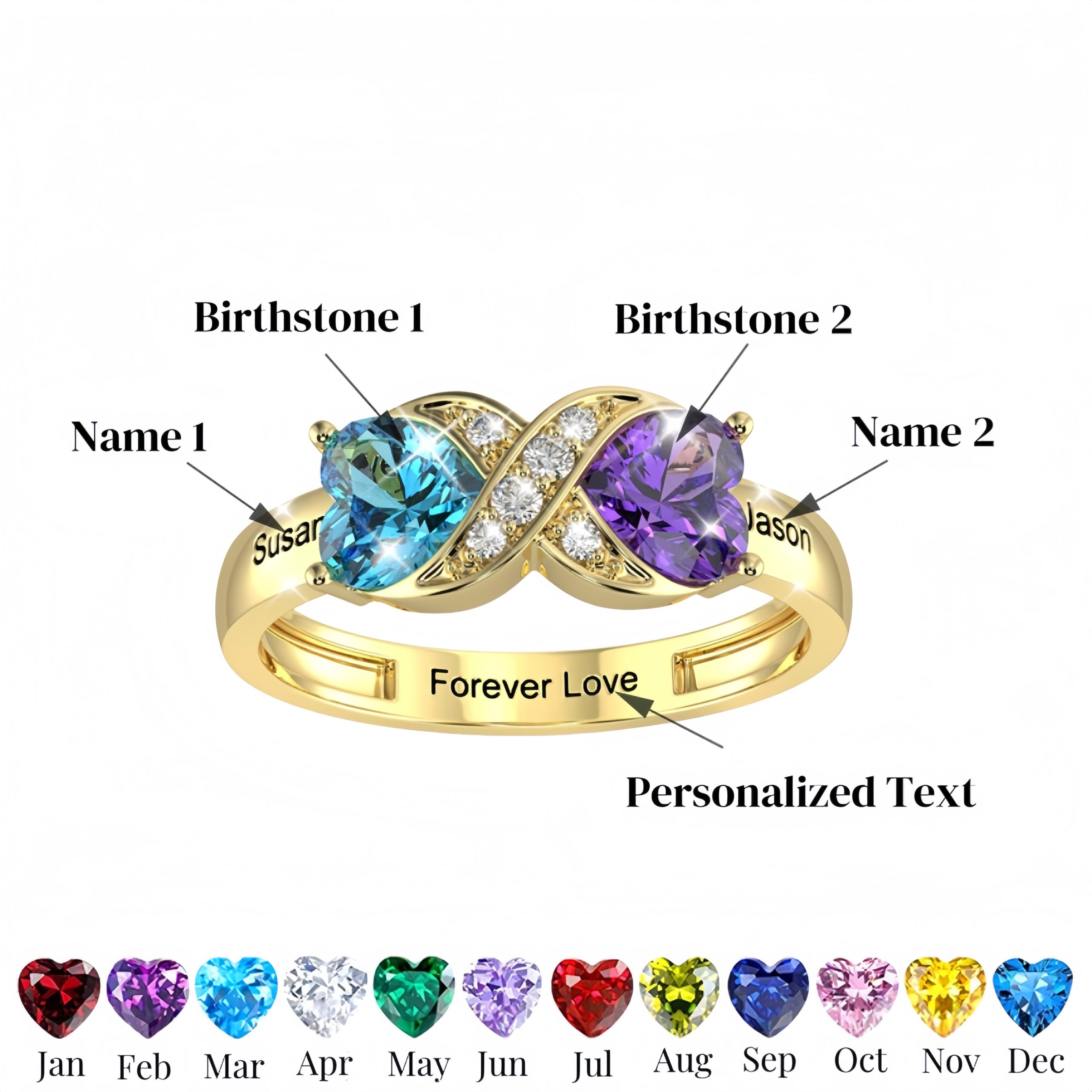Personalized Two Heart Birthstone Ring in 925 Sterling Silver - Image 2