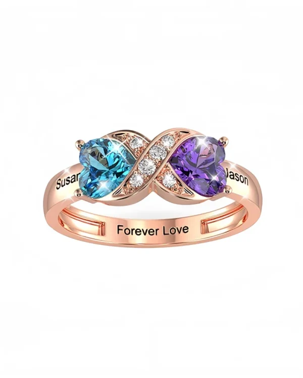 Personalized Two Heart Birthstone Ring in 925 Sterling Silver