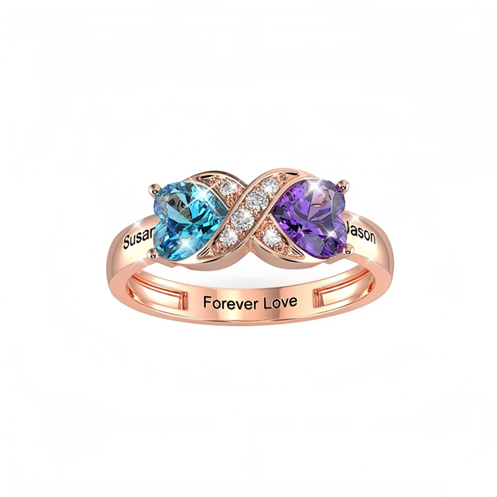Personalized Two Heart Birthstone Ring in 925 Sterling Silver