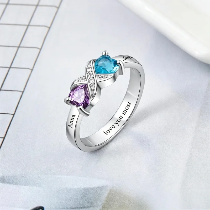 Personalized Two Heart Birthstone Ring in 925 Sterling Silver - Image 4