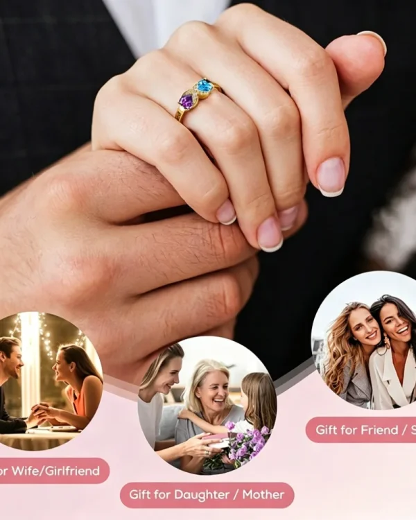 Meaningful 925 Silver 2 Heart Stones Personalized Birthstone Rings for Mom 9