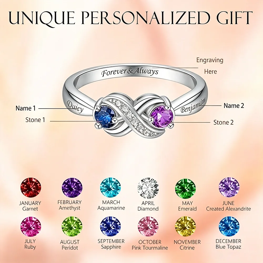 Personalized Promise Rings with 2 Birthstones for Anniversary - Image 6