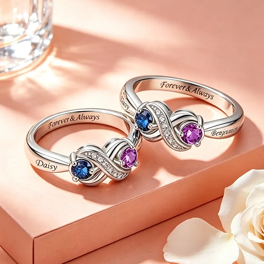 Personalized Promise Rings with 2 Birthstones for Anniversary