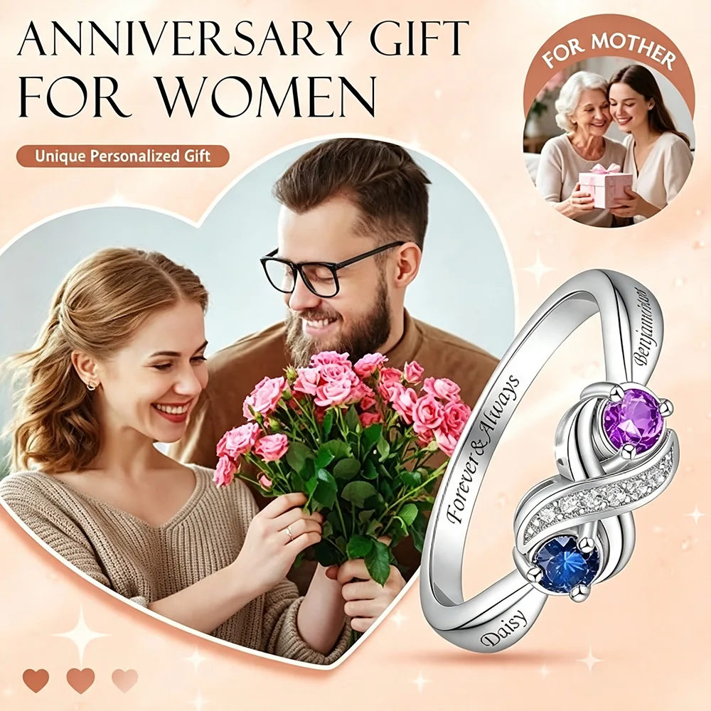 Personalized Promise Rings with 2 Birthstones for Anniversary - Image 5