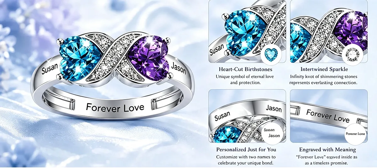 Personalized Two Heart Birthstone Ring in 925 Sterling Silver 1