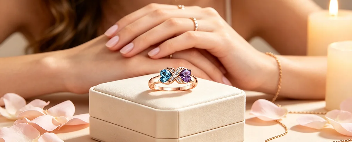 Personalized Two Heart Birthstone Ring in 925 Sterling Silver 3