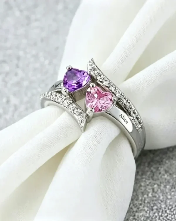 Alternative view of Personalized Promise Ring Two Heart Birthstones 925 Sterling Silver