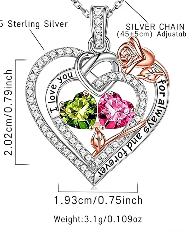 Custom Rose Double Birthstone Heart Necklace 925 Sterling Silver - Image 3