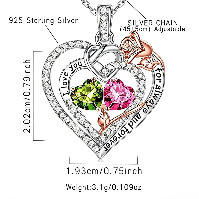Custom Rose Double Birthstone Heart Necklace 925 Sterling Silver - Image 3