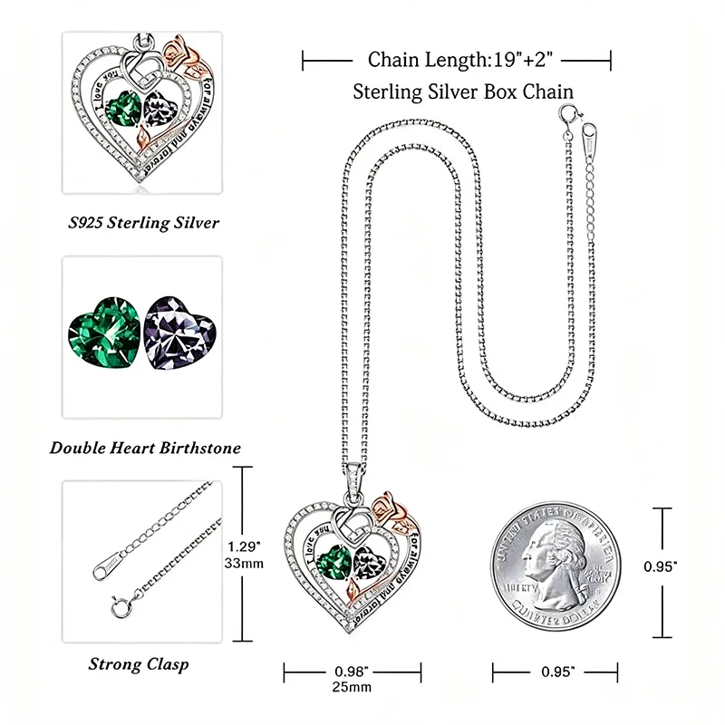 Custom Rose Double Birthstone Heart Necklace 925 Sterling Silver - Image 4