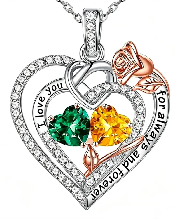 Custom Rose Double Birthstone Heart Necklace 925 Sterling Silver